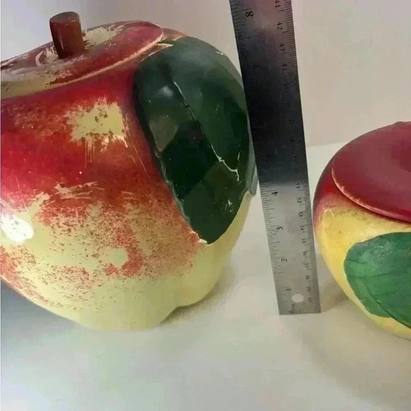 Set of 2 1940s Hull Pottery Blushing Apple canisters: 8”  and 5” with lids - Picture 2 of 12
